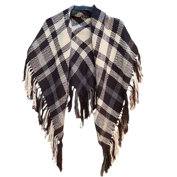 Free People Black/Gray/Cream Plaid Check Shawl/Scarf/Topper. OS. EUC! - Picture 1 of 4